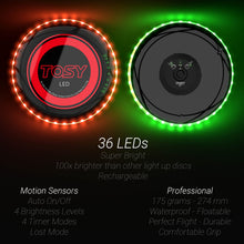 Load image into Gallery viewer, TOSY Flying Disc - 16 Million Color RGB or 36 or 360 LEDs, Extremely Bright, Smart Modes, Auto Light Up, Rechargeable, Perfect Birthday & Camping Gift for Men/Boys/Teens/Kids, 175g frisbees