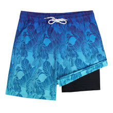 Load image into Gallery viewer, zeetoo Mens Swim Trunks with Compression Liner 5.5" Inseam Swim Shorts Quick Dry Shorts Gradient-Leaf-Blue 2XL
