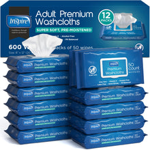 Load image into Gallery viewer, Inspire Adult Wet Wipes, Wash Cloths | Adult Wipes for Incontinence & Cleansing for Elderly, 8"x12" Count 12 packs of 50