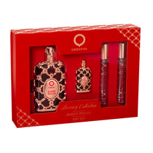 Load image into Gallery viewer, Orientica Luxury Collection Amber Rouge 4-Pc Gift Set Eau De Parfum - Woody, Amber, Saffron, Praline, Jasmine, Orange, Oak Moss, Seaweed - Arabic Perfume for Women - (2.7oz, 7.5ml & 2 X 10ml spray)