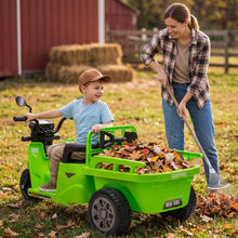 Load image into Gallery viewer, 3-Wheels Electric Tricycle w/Trailer, 12V Battery Powered Kids Motorcycle with Sand Shovel, 2x55W Motors, Bluetooth, Music, Headlight, Ride on Motorcycle for Kids Toddlers, Gift for Boys Girls, Green