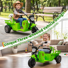 Load image into Gallery viewer, 3-Wheels Electric Tricycle w/Trailer, 12V Battery Powered Kids Motorcycle with Sand Shovel, 2x55W Motors, Bluetooth, Music, Headlight, Ride on Motorcycle for Kids Toddlers, Gift for Boys Girls, Green