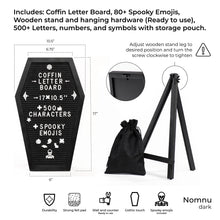 Load image into Gallery viewer, Coffin Letter Board Black With Spooky and All Seasons Emojis +500 Characters, and Wooden Stand - 17x10.5 Inches - Halloween Decorations Gothic Decor Spooky Gifts