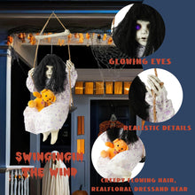 Load image into Gallery viewer, Hourleey Halloween Decorations Outdoor, Hanging Swinging Girl Doll Sound Activated with Lighted Eyes Creepy Sound, Animatronics Halloween Decor for Indoor Trees Party Garden Haunted House Prop