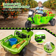 Load image into Gallery viewer, 3-Wheels Electric Tricycle w/Trailer, 12V Battery Powered Kids Motorcycle with Sand Shovel, 2x55W Motors, Bluetooth, Music, Headlight, Ride on Motorcycle for Kids Toddlers, Gift for Boys Girls, Green
