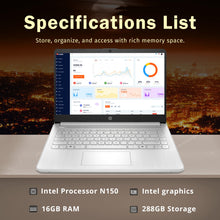Load image into Gallery viewer, HP Stream 14" HD BrightView Laptop, Intel Celeron N150, 16GB RAM, 288GB Storage (128GB UFS + 160GB Docking Station Set), Intel UHD Graphics, 720p Webcam, Wi-Fi, 1 Year Office 365, Win 11 S, Silver