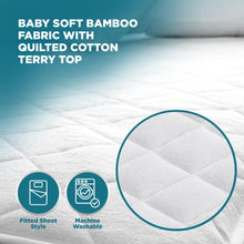 Load image into Gallery viewer, PlushDeluxe Pack and Play Mattress Protector, 39”x27”, Waterproof Playard Pack N Play Mini Crib Cover, Soft Viscose Made from Bamboo with Quilted Terry Cotton Top, Noiseless White Fitted Sheet Style