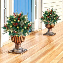 Load image into Gallery viewer, Glintoper Lighted Artificial Christmas Urn Filler, Pre-lit Xmas Pine Trees with Cones, Golden & Red Berries, Tripod Stake and 60 LED Lights, Outdoor Light Up Planter Filler Holiday Home Decor, 2 Pack