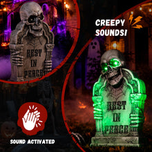 Load image into Gallery viewer, Halloween Decoration Animatronic Tombstone with Skull & Pillars, Sound Activated Grave Marker with Green Light-Up & Creepy Sound Effects, RIP Cemetery Prop for Haunted House, Yard, Lawn & Porch Decor
