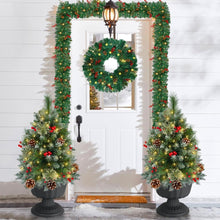 Load image into Gallery viewer, OasisCraft 33 Inch Outdoor Christmas Tree Frosted Urn Filler 2 Set, Pre-lit Artificial Xmas Tree with 50 LED Lights, Realistic Carolina Pine and Berries for Pathway, Porch, Driveway, Yard