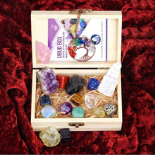 Load image into Gallery viewer, AtPerry's 16 LARGE Natural Healing Crystals Set in Wooden Box - Tumbled, Rough & Raw Crystals, Including Selenite Tower, Black Tourmaline, Amethyst, Rose Quartz, Lapiz Lazuli, Citrine & Tiger's Eye