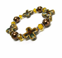 Load image into Gallery viewer, Linpeng Women Porcelain Cross Pearl & Crystal Beads Stretch Bracelet, Gloden Brown