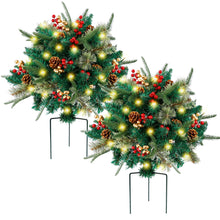 Load image into Gallery viewer, Glintoper Lighted Artificial Christmas Urn Filler, Pre-lit Xmas Pine Trees with Cones, Golden & Red Berries, Tripod Stake and 60 LED Lights, Outdoor Light Up Planter Filler Holiday Home Decor, 2 Pack