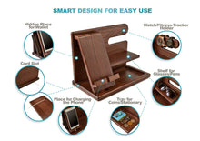 Load image into Gallery viewer, TESLYAR Wood Phone Docking Station for Men - Desk or Nightstand Organizer - Birthday Gifts for Husband or Dad - Anniversary Idea from Wife - Key Holder, Stand Wallet, Watch & Essentials (Brown)