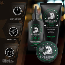 Load image into Gallery viewer, Bossman Essentials Beard Kit for Men - Beard Oil Jelly, Fortifying Conditioner Cream, Beard Balm - Grooming Growth Care Accessories (Vetiver X)