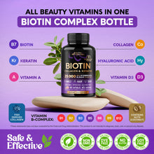 Load image into Gallery viewer, Biotin | Collagen | Hyaluronic Acid | Keratin - Support Normal Hair Growth Cycle, Skin & Nails - Clinically Tested - 25000mcg Vitamins B1, B2, B3, B6 & B7 - for Women & Men - Made in USA | 60 Capsules