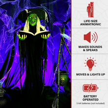 Load image into Gallery viewer, Haunted Hill Farm Life-Size Talking Witch Holding Spell Book, Halloween Animatronic with Touch Activated Lights and Sound, Poseable, Battery Operated Indoor or Covered Outdoor Halloween Decorations