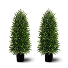 Load image into Gallery viewer, 3FT Artificial Cedar Topiary Trees (2 Pack) - UV Resistant Fake Evergreen Shrubs with Extra Dense Foliage, Realistic Potted Faux Plants for Front Porch & Garden Decor
