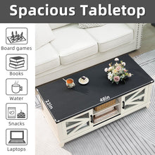 Load image into Gallery viewer, Joaxswe 48" Farmhouse Coffee Table with Storage and Glass Sliding Barn Doors Modern Industrial Center Table with Adjustable Shelves Rustic Rectangular Table for Living Room, White-Double Sided Design