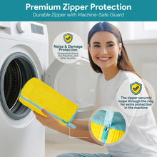 Load image into Gallery viewer, Shoe Washing Machine Bag –2 Pcs Reusable Laundry Shoe Bag with Brush & Shoe Trees, 360° Deep Cleaning Sneaker Washing Machine Bag, Fits All Shoe Types & Sizes (Yellow, 14.8 × 7.4 Inches)