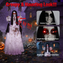 Load image into Gallery viewer, MACLLYN Halloween Decorations Outdoor,Scary Hanging Swinging Girl Props Sound & Lighted Eyes,Halloween Outside Ghosts for Haunted House Yard Porch, Party Decor