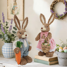 Load image into Gallery viewer, DR.DUDU Set of 2 Easter Decorations for Home- 14" Sisal Bunny Figurines with Carrot & Egg, Spring Straw Bunny Couple Farmhouse Centerpieces for Tables, Easter Rabbits Decor