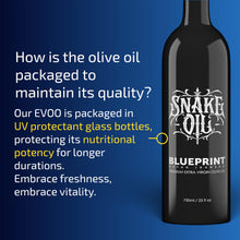Load image into Gallery viewer, Blueprint Bryan Johnson Extra Virgin Olive Oil - Cold Pressed Polyphenol Rich EVOO (over 400 mg/kg), Smooth Peppery Flavor, Keto & Paleo Friendly, 3rd Party Verified, Single Source, 750ml Glass Bottle