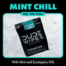 Load image into Gallery viewer, DUDE Wipes - On-The-Go Flushable Wipes - 2 Pack, 60 Wipes - Mint Chill Extra-Large Individually Wrapped Adult Wet Wipes with Eucalyptus & Tea Tree Oil - Septic and Sewer Safe