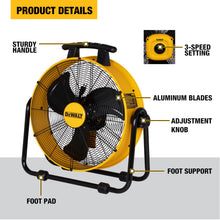 Load image into Gallery viewer, DEWALT 20 Inch Floor Fan, 180° Adjustable Tilting Drum Fan DXF2042
