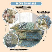 Load image into Gallery viewer, NEWLAKE Quilt Set Queen Size, 100% Cotton Patchwork Green Bohemian Quilt Sets, Reversible Bedspread Lightweight and Breathable for All Seasons, Soft Quilted Bedspread with 2 Pillow Shams