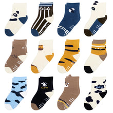 Load image into Gallery viewer, HYzgb Toddler Socks Boys 5T 6T 7T with Grips 12 Pairs Non Slip Little Kids Cotton Socks Crew Grippers Socks for Toddler Kids 5-6-7 Years Old (Panda Style)