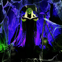Load image into Gallery viewer, Haunted Hill Farm Life-Size Talking Witch Holding Spell Book, Halloween Animatronic with Touch Activated Lights and Sound, Poseable, Battery Operated Indoor or Covered Outdoor Halloween Decorations