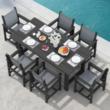 Load image into Gallery viewer, SERWALL Patio Dining Sets for 6, Outdoor HDPE Dining Set with Umbrella Hole Cut-Out Table and 6 Woven Chairs, Black