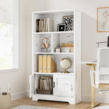 Load image into Gallery viewer, IDEALHOUSE Wood Bookcase with Doors White Bookshelf with LED Lights Modern Storage Rack 3 Shelf Standing Bookshelves Large Display Shelf Unique Book Shelf for Bedroom, Living Room, Home Office