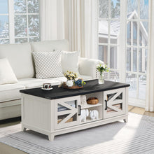 Load image into Gallery viewer, Joaxswe 48" Farmhouse Coffee Table with Storage and Glass Sliding Barn Doors Modern Industrial Center Table with Adjustable Shelves Rustic Rectangular Table for Living Room, White-Double Sided Design
