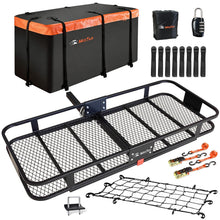 Load image into Gallery viewer, Hitch Mount Cargo Carrier Basket 60"*25"*6"+Waterproof Bag 25 Cubic Feet(60"*24"*31"),and Cargo Net with Attachment Hooks,Ratchet Straps,Hitch Stabilizer.500 Lbs Capacity,Foldable,fit 2" Receiver