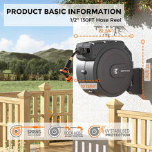 Load image into Gallery viewer, Giraffe Tools Retractable Garden Hose Reel 1/2 Inch x 130 ft, Super Heavy Duty, Any Length Lock, Slow Return System, Wall Mounted and 180 Deg Swivel Bracket