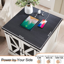 Load image into Gallery viewer, JXQTLINGMU Farmhouse End Table, 24" Large Sofa Side Table with Charging Station, Mesh Barn Door, and Adjustable Storage Shelf, Rustic Wood Square Nightstand for Living Room, Bedroom, Office, White