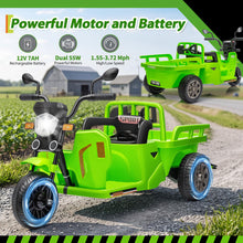 Load image into Gallery viewer, 3-Wheels Electric Tricycle w/Trailer, 12V Battery Powered Kids Motorcycle with Sand Shovel, 2x55W Motors, Bluetooth, Music, Headlight, Ride on Motorcycle for Kids Toddlers, Gift for Boys Girls, Green