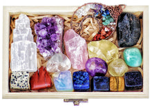 Load image into Gallery viewer, AtPerry's 16 LARGE Natural Healing Crystals Set in Wooden Box - Tumbled, Rough & Raw Crystals, Including Selenite Tower, Black Tourmaline, Amethyst, Rose Quartz, Lapiz Lazuli, Citrine & Tiger's Eye