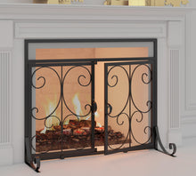 Load image into Gallery viewer, Calidola Flat Fireplace Screen with Doors, Wrought Iron Frame with Metal Mesh, Flat Panel Decorative Fireplace Screen with Scroll Design, Free Standing Spark Guard