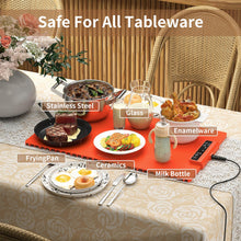 Load image into Gallery viewer, Electric Food Warming Mat: Silicone Food Warmer for Parties Buffet, Portable Fast Heating Pads for Food, Pizza Coffee Tea Heater Meat Defrosting Tray Adjustable Temperature (Orange)