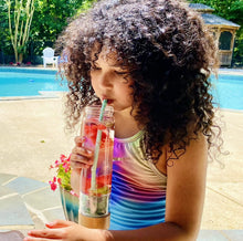 Load image into Gallery viewer, Simply Crystal Bamboo Water Bottle w/Infuser and carrying sleeve for hot and cold drinks. Luxury gift for women, yoga, and meditation with crystal mix (Clear Quartz, Tiger Eye, Green Fluorite)