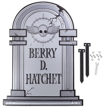 Load image into Gallery viewer, 3-D Metal Halloween Ghost XL 17" Tombstone w Stakes -BERRY D HATCHET- Durable, Rustproof, UV Raised Printing- Upgrade Your Haunted House Mansion w Cemetary Lawn Decor- No More Flimsy Foam Graveyards