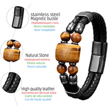 Load image into Gallery viewer, Natural Tiger Eye Stone Bracelet For Man Classic Double-deck Leather Bracelets Bead Bangles Stainless Steel Magnetic Jewelry