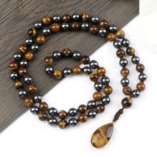 Load image into Gallery viewer, 8mm Tiger Eye Stone Necklace Drop Pendant Handmade Knotted Irregular Hematite Beaded Necklaces Health Protection Mala Jewelry