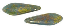 Load image into Gallery viewer, Czechmate 16mm X 5mm X 3mm Dagger Glass Czech Two Hole Bead - Persian Turquoise - Bronze Picasso (25 beads)
