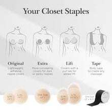 Load image into Gallery viewer, NIPPIES Nipple Cover - Matches Breast Skin Tone - Sticky Adhesive Silicone Nipple Pasties - Reusable Pasty Nipple Covers for Women with Travel Box Caramel