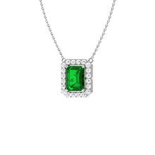 Load image into Gallery viewer, Diamondere Natural and Certified Emerald Cut Emerald and Diamond Halo Necklace in 14k White Gold | 0.58 Carat Pendant with Chain