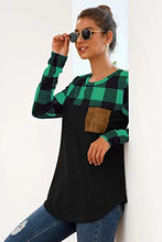 Load image into Gallery viewer, Green Black Buffalo Plaid Neck Long Sleeve Patchwork Blouse Top Curve Hem Tunic